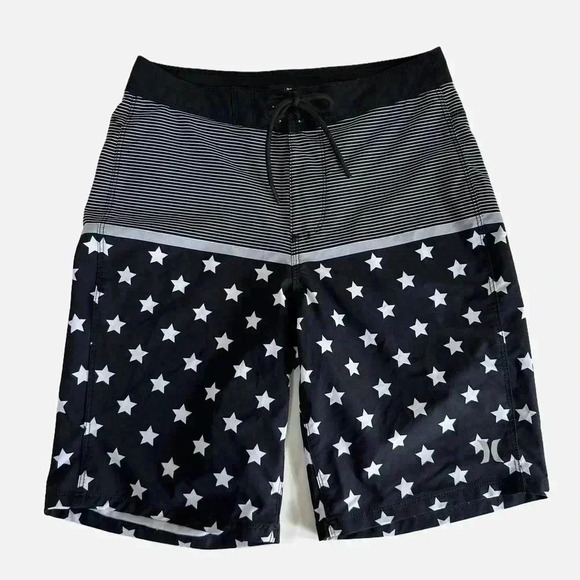 Hurley Stars and Stripes Board Shorts Men's Size 28 Black White Pocket Unlined